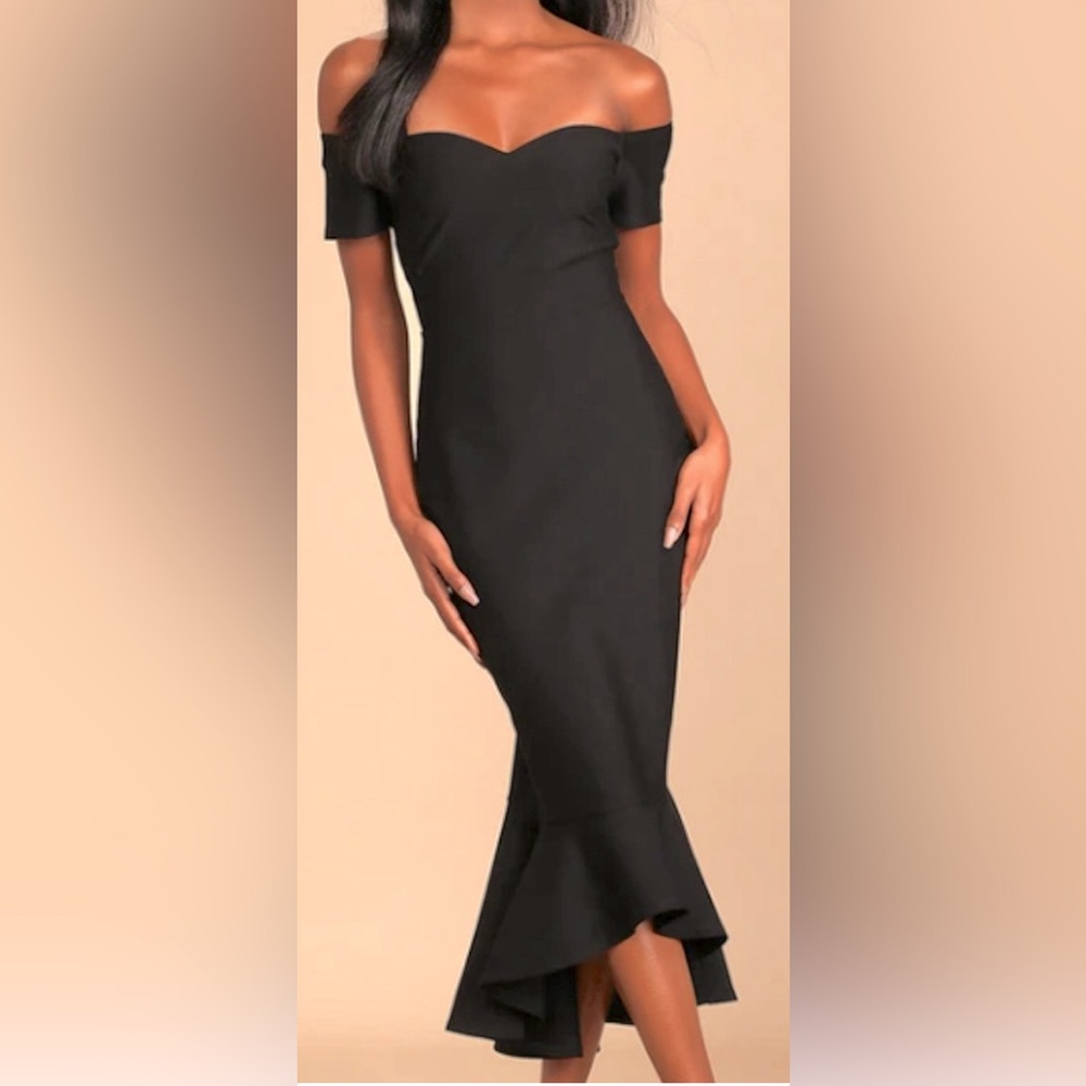 Lulus Midi Size L How Much I Care Midnight Navy Blue Off-The-Shoulder Dress
